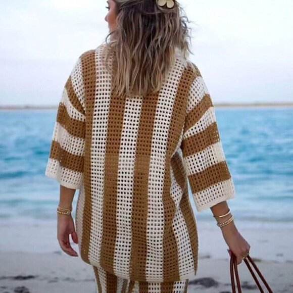 Casual Women's Beach Hollow Knitted Striped Button Down Top And Long Pants Set - Picture 4 of 5